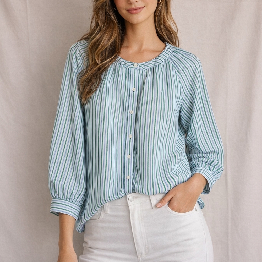 Ann Taylor Green and White Striped Button Down Shirt